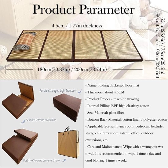 Japanse Tatami Mat - Opvouwbare Matras Vloermat - Yoga Meditatie - Dikke Bamboe Rotan - 75x200cm - Licht — afbeelding 5