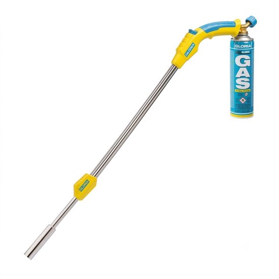 Gasbrander met lange metalen steel, geel met blauwe grip en een blauwe gasfles. De tekst "GLORIA" en "GAS" is zichtbaar.