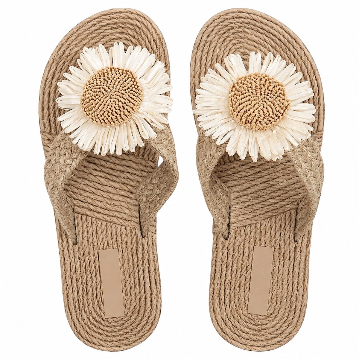 Khaki teenslippers dames met bloem – instap slippers met brede band, gevlochten touwlook, open teen, zomerse casual slippers, maat 37