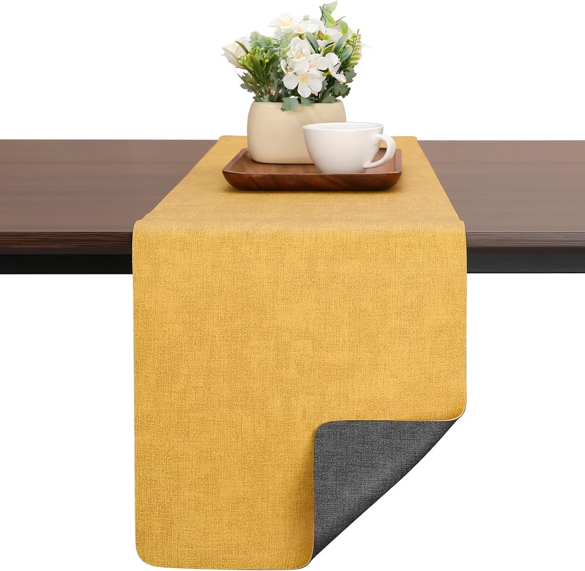 tafelloper, van kunstleer, dubbelzijdig, antislip, wasbaar, herbruikbaar, hittebestendig, grijs-geel, 40 x 183 cm