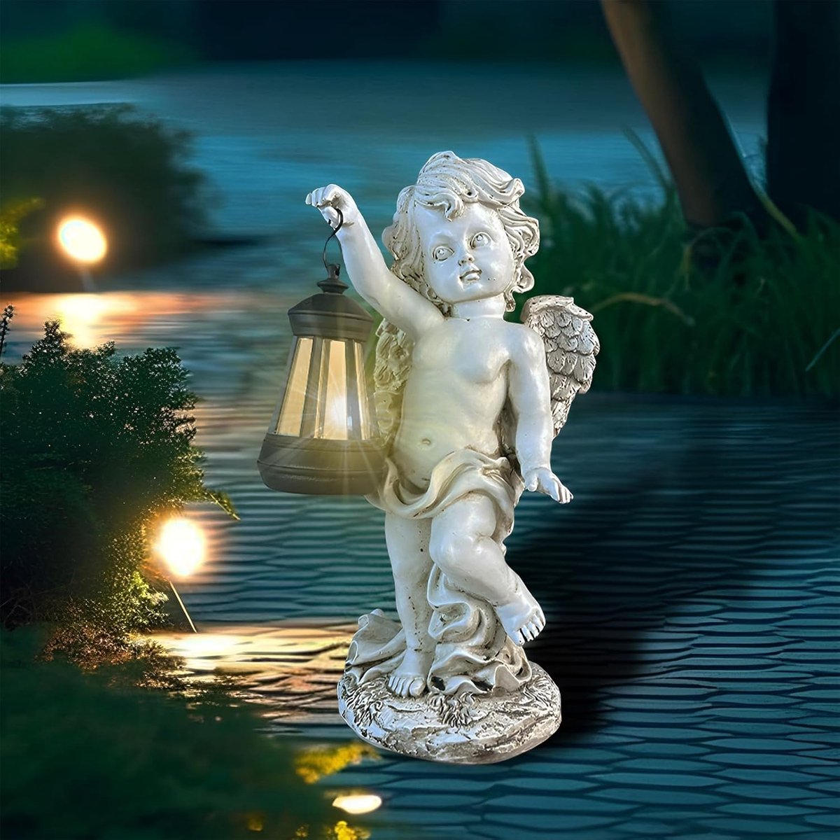 Engel op zonne-energie met led-lantaarn, weerbestendige graafgel, tuindecoratie | Led-lantaarn brandt automatisch in het donker, weerbestendig voor begraafplaats en tuin, ideaal als grafdecoratie of cadeau