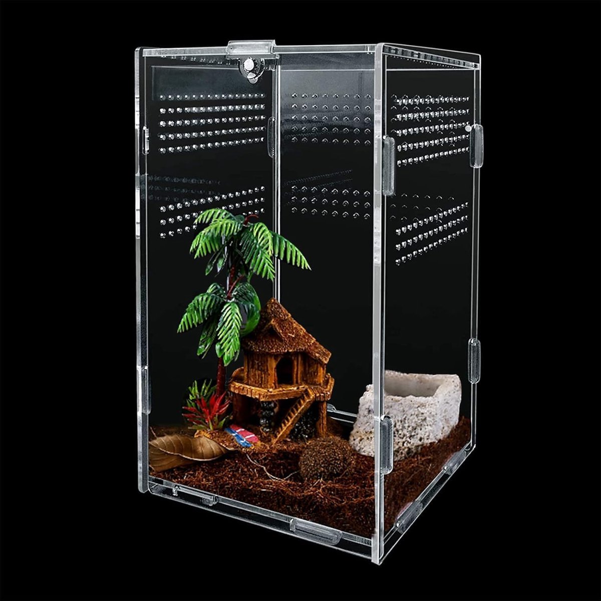 Terrarium Insectenterrarium, universele bak voor reptielen en amfibieën, voor springspinnen, vogelspinnen, slakken, kikkers en insecten, 12 x 12 x 20 cm