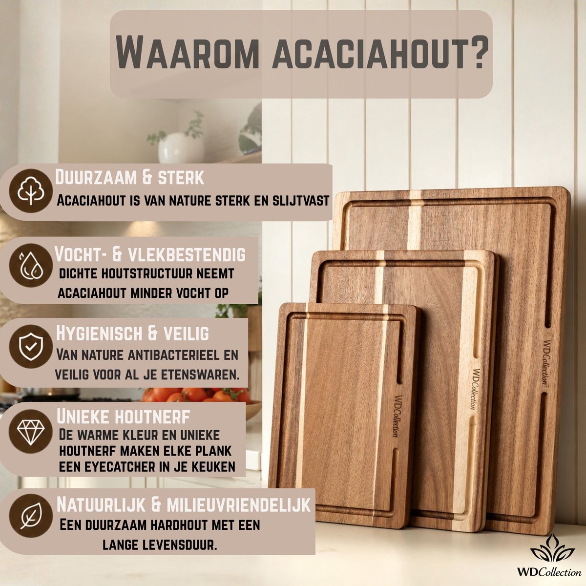 WDCollection® Snijplankenset 3-delig – Acaciahout – Dubbelzijdig – Met Sapgeul – Inclusief Houten Houder – Borrelplanken - Tapasplank - Houten Snijplank - (40x30 | 33x24 | 26x18 cm) — cadeau in Kookcadeaus - foto 8
