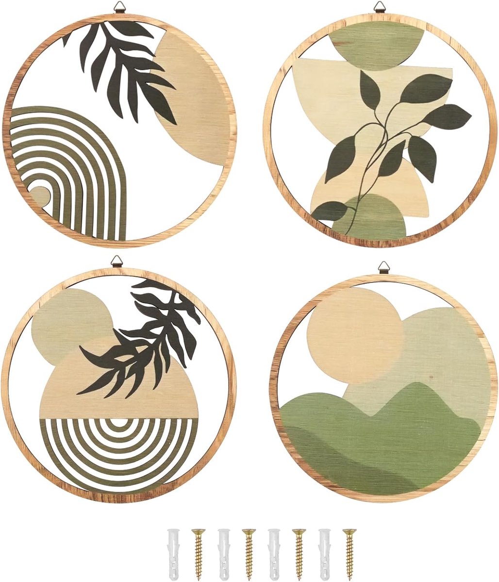 4 stuks Hout Boho Wand Deko, Ronde Houten Botanische Wand Deko, Ronde Minimalistische Wand Deko, Botanische Wand Deko Set für Schlafzimmer Kunst Woonkamer Boerderij (Groen)
