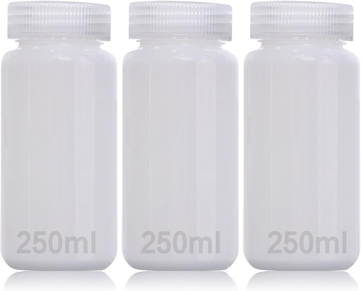 3 stuks breedhalsfles kunststof fles 250ml Lege laboratoriumfles Lekvrij doorschijnend van HDPE-fles met brede opening voor pillenflessen, watermonsterflessen