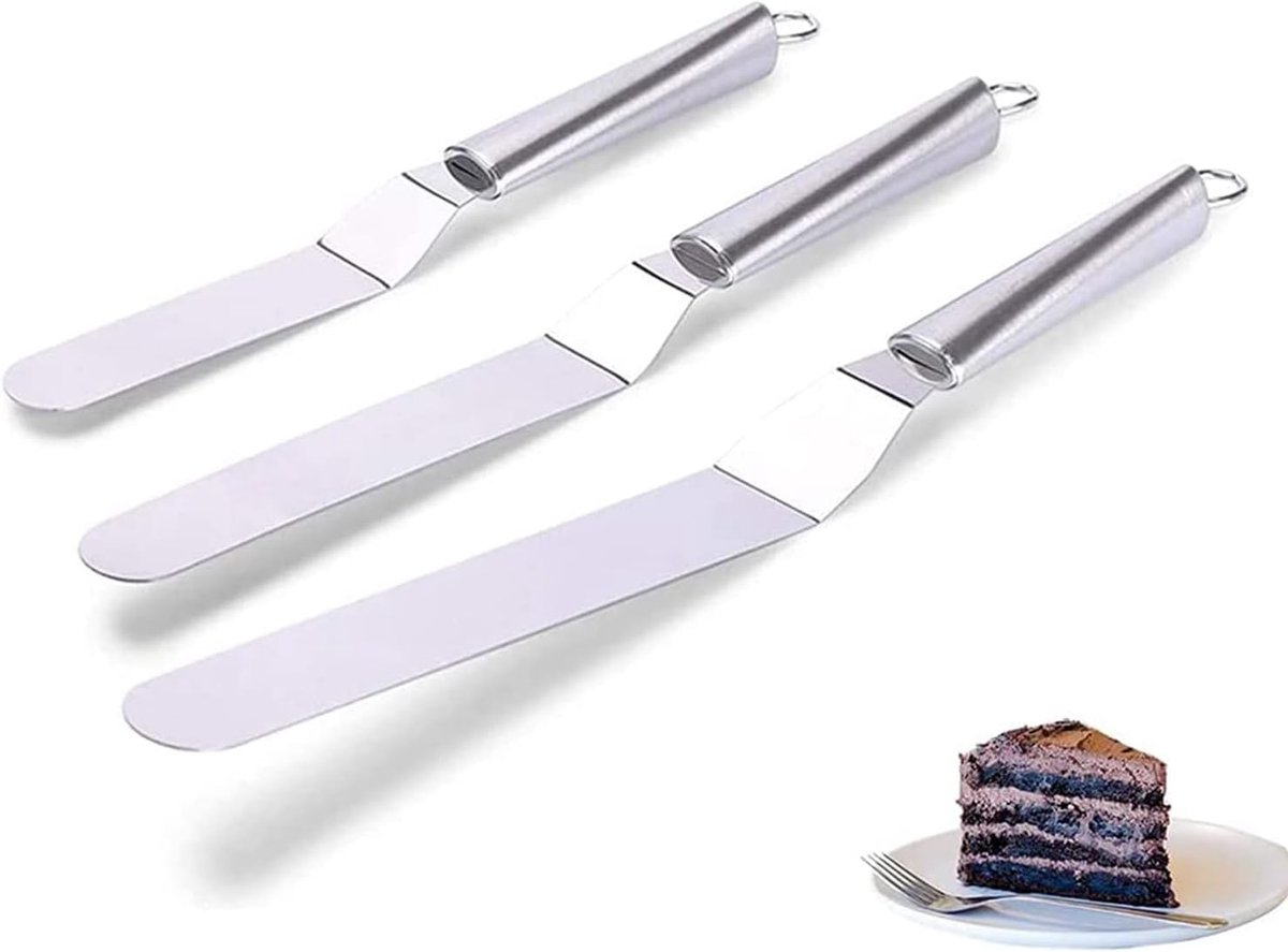 hoekpalet, taartglazuurmes, 3 stuks strijkpaletten voor taarten, schuine suikerglazuurspatel, roestvrij staal, taartspatel, taartdecoratie, gereedschap (stalen handvat)