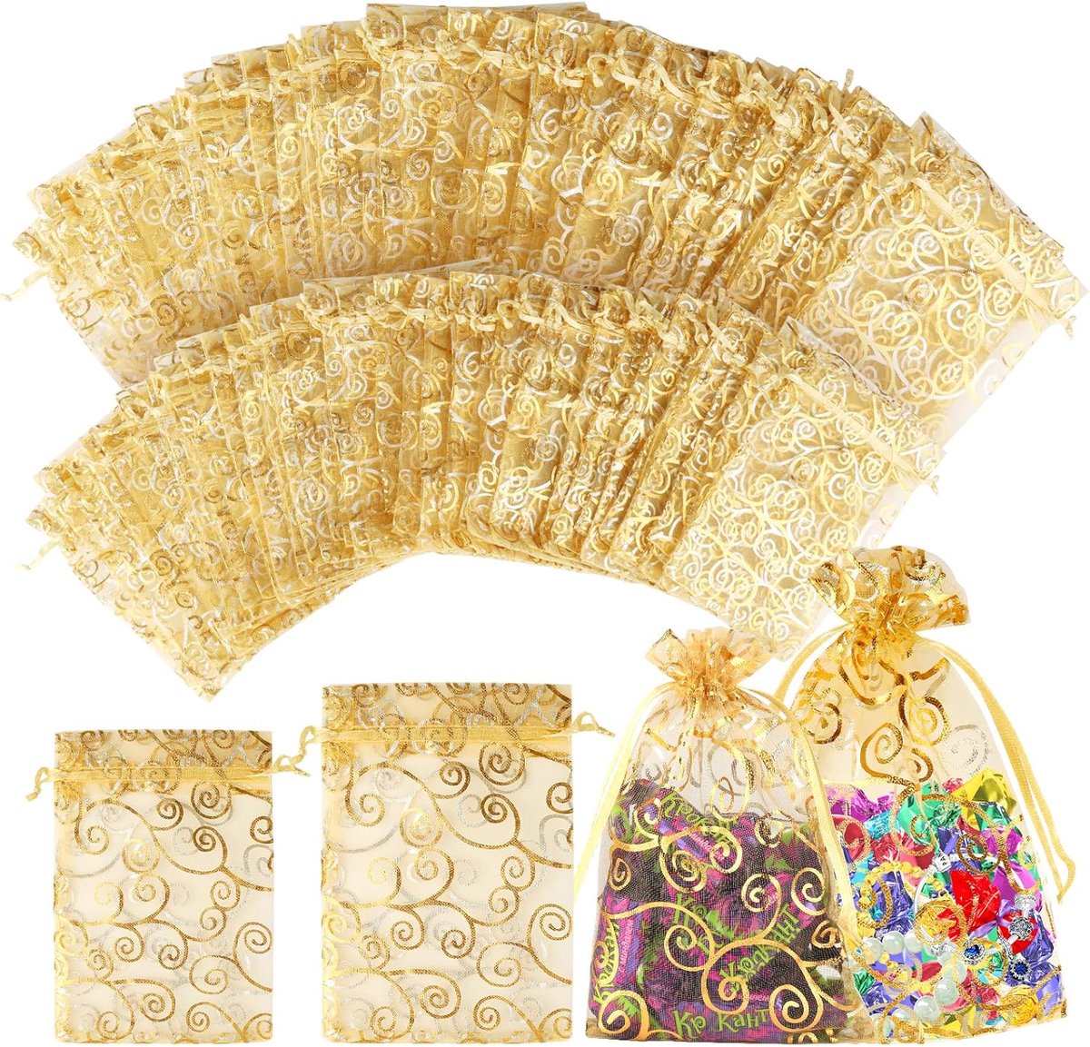 100 stuks, bedrukt, 15 x 20 cm en 8 x 11 cm, organzazakjes met trekkoord, sieradenzakjes, herbruikbare cadeauzakjes voor bruiloft, verjaardag