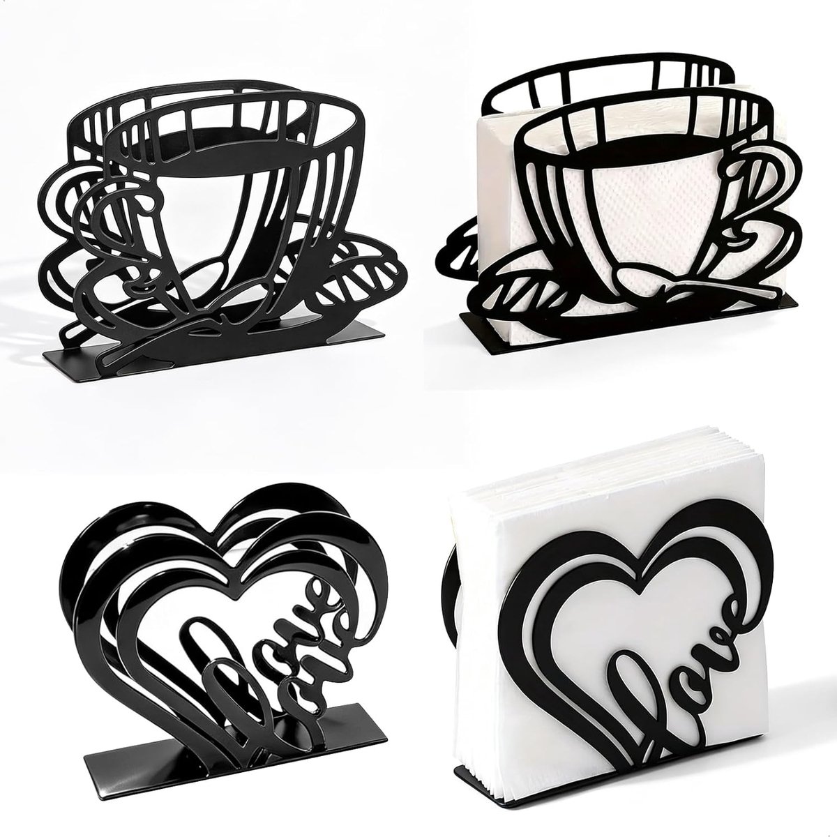 Servethouder, servethouder voor tafel, 4 stuks, hartvorm en koffiemok van metaal, roestvrij, voor keuken, bar, café, restaurant, zwart