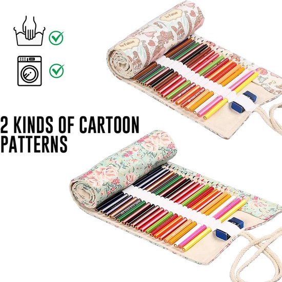 Etuis van canvas voor potloden | etui op rol, wasbaar, bloemenpatroon, voor aquarelpotloden, potloden en kleurpotloden — afbeelding 2