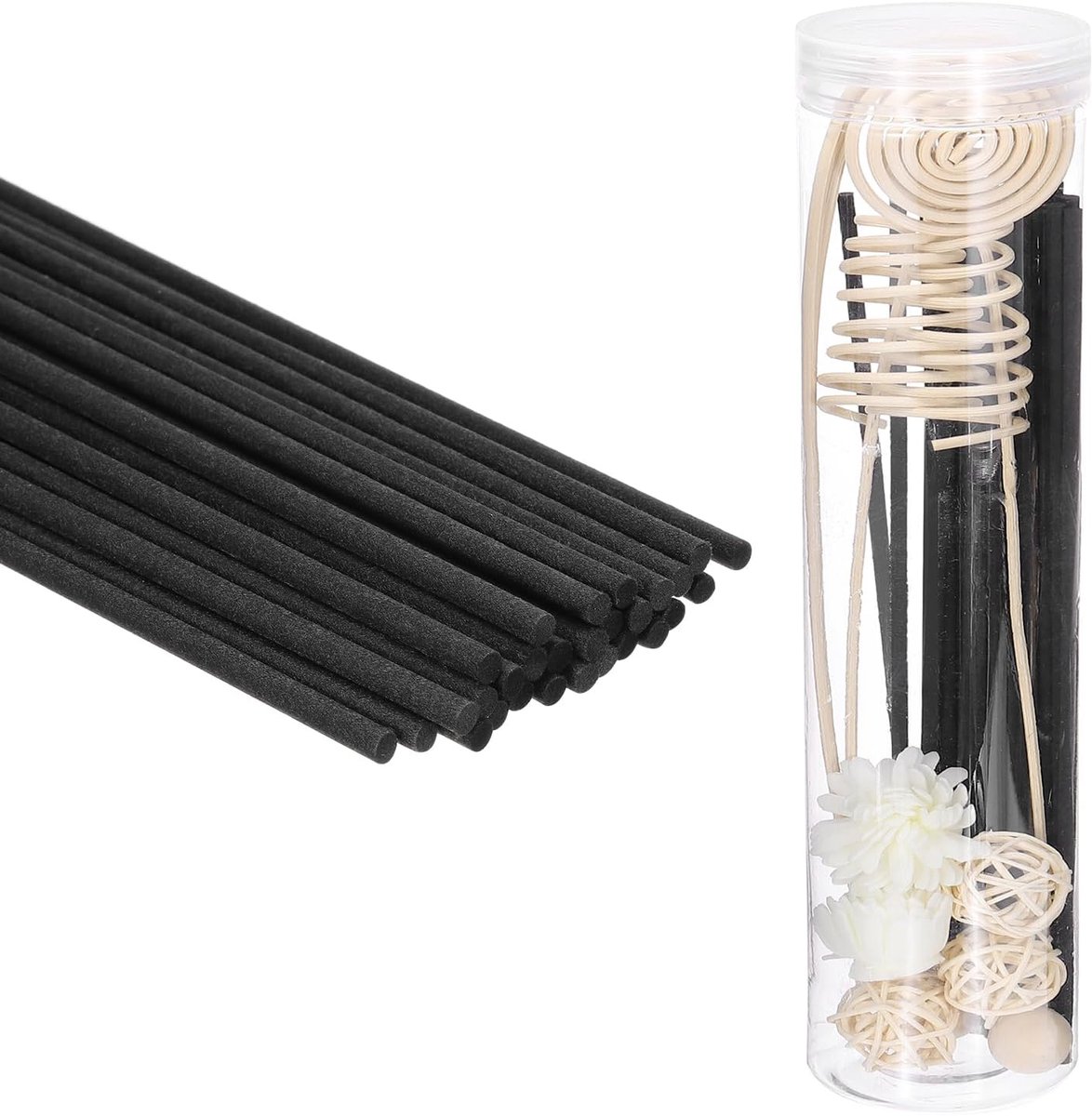 43-delige set stokjes, verspreiding, riet, reservestaafjes voor diffuser, geur, vezels, versiering, bloem, met plastic fles, hotel, kantoor (zwart)