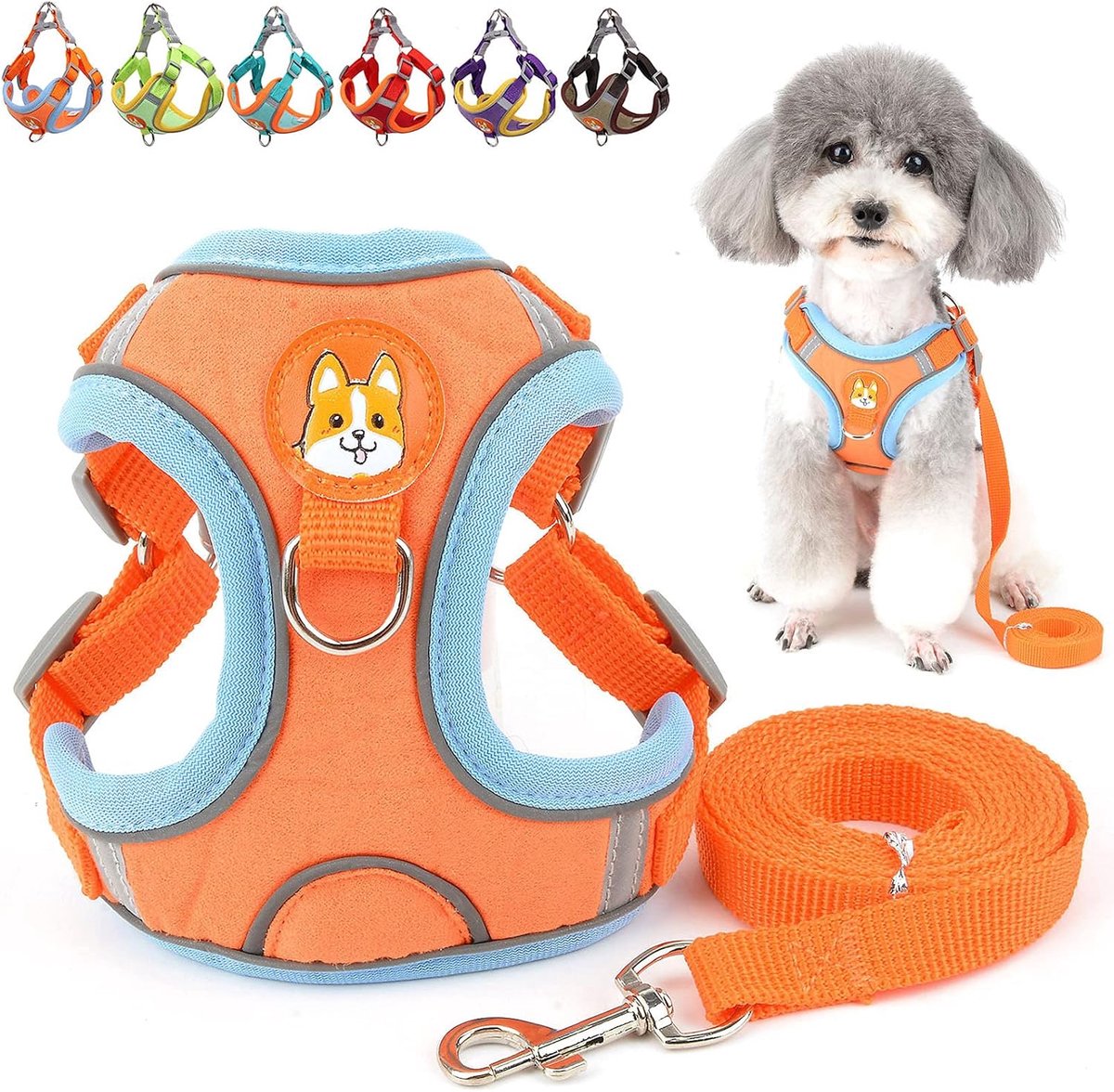 Tuigje en lijn voor kleine honden, anti-trekfunctie, verstelbaar, reflecterend, puppyharnas, jas van zacht suède, lekvrij, kattentuigje voor wandelen, chihuahua, yorkshire, oranje, S