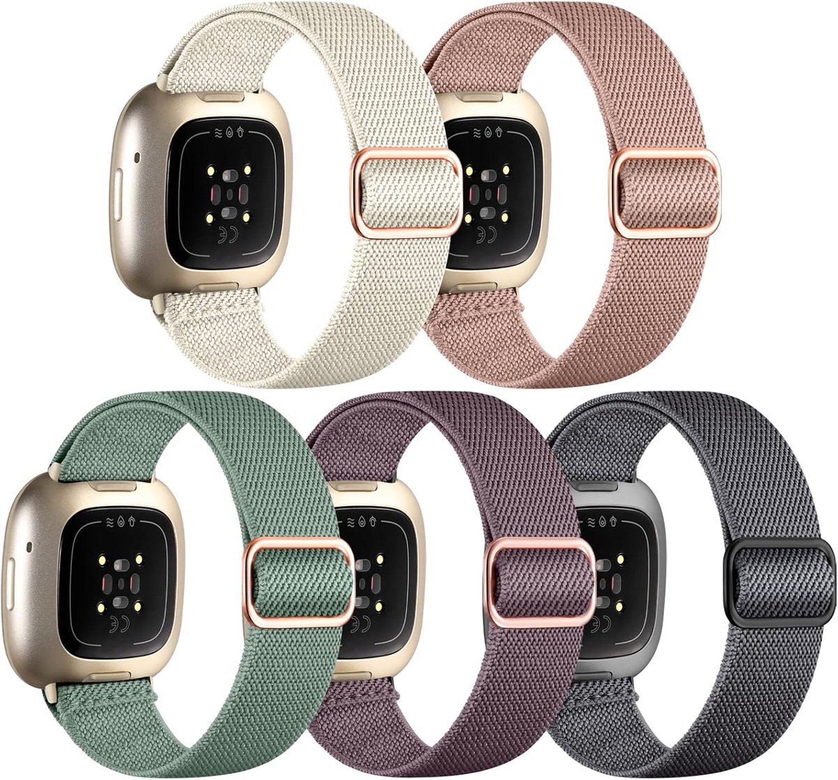 5 Pack Bandjes Nylon Compatibel met Fitbit Versa 3/ Versa 4/ Fitbit Sense2/ Sense Band, Zacht Elastische Sportgevlochten Vervangende Polsband voor Dames Heren, Meerdere Kleuren