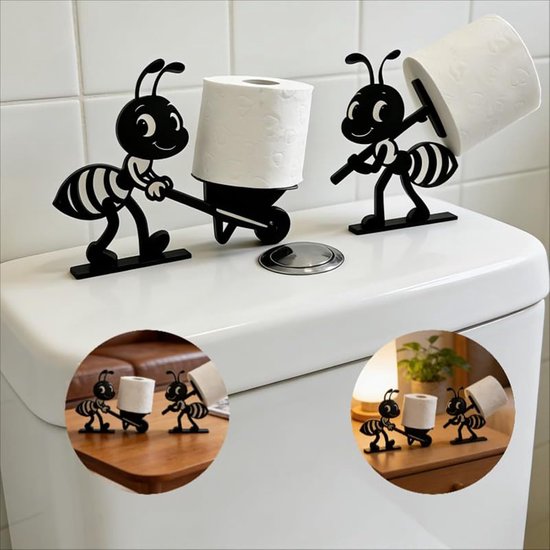 Zwarte ant-toiletrolhouders op toilet en tafels, met close-ups.