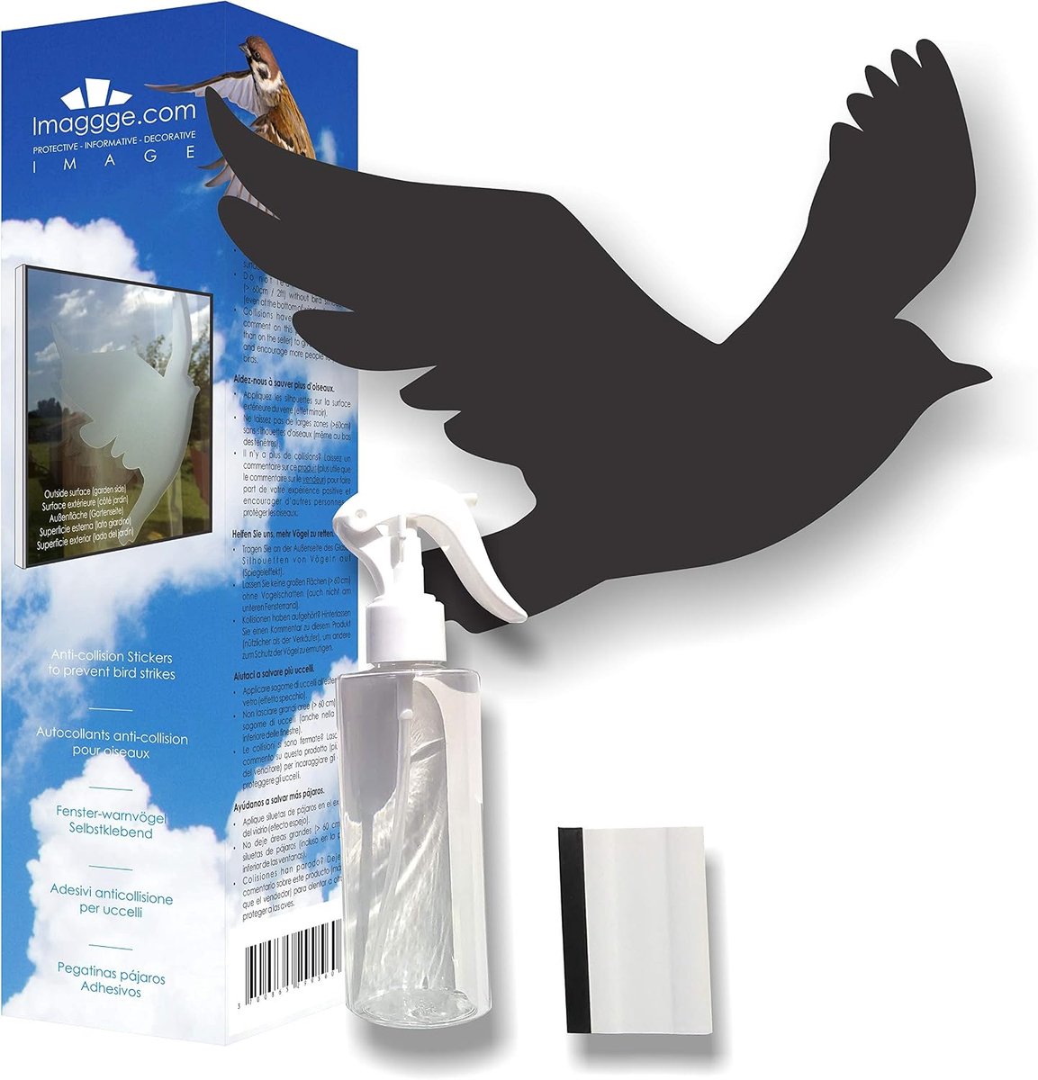 SnelShoppen - 22 Raam-Waarschuwingsvogels - Voorkomt Vogelslag - Set Compleet met Spray en Rakel - Zelfklevende Grijpvogel - Kleur: Zwart