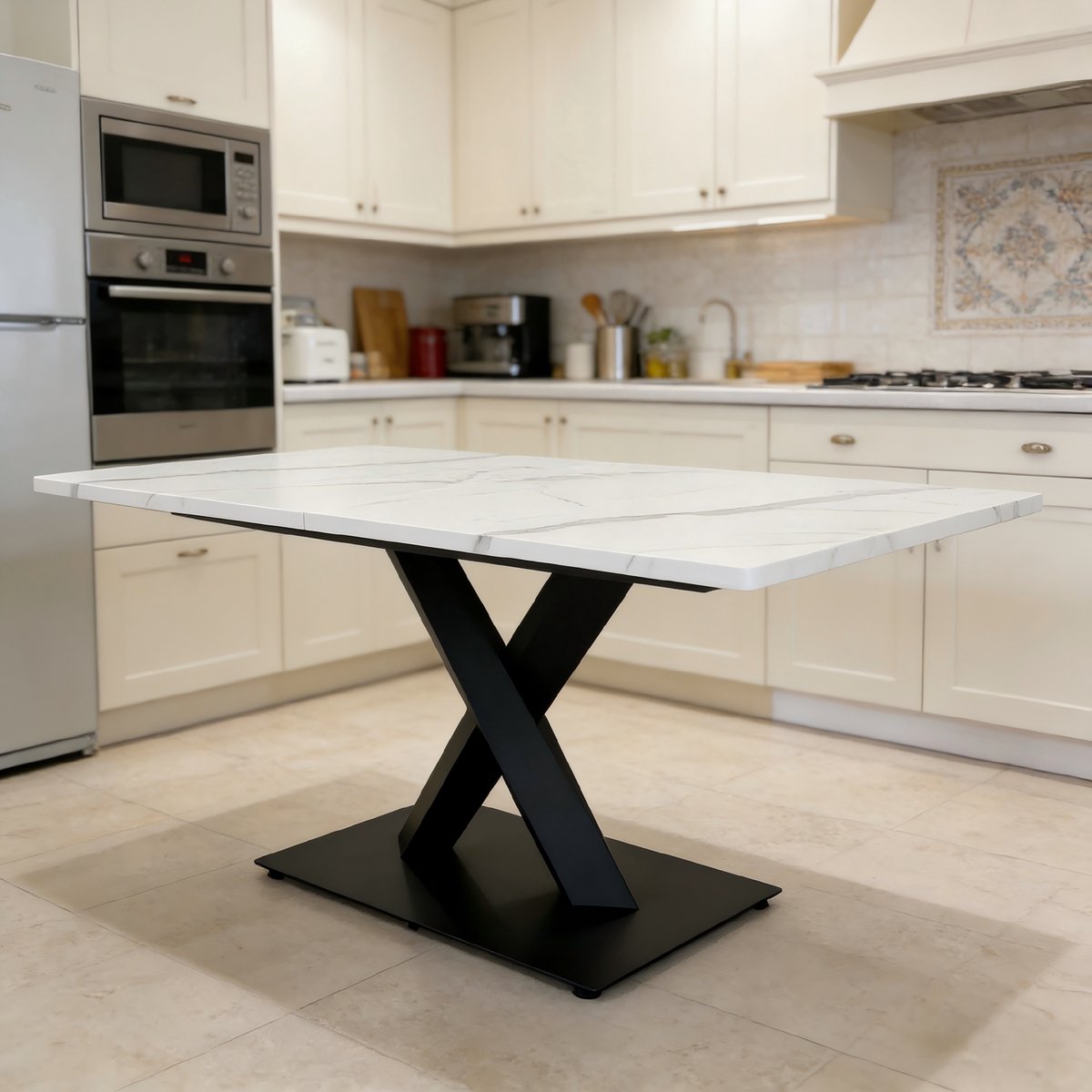 DESMIU Eettafel Rechthoekig 160x80x75 Cm Wit Marmerlook Zwart Metalen X-Poot MDF Voor Keuken En Woonkamer