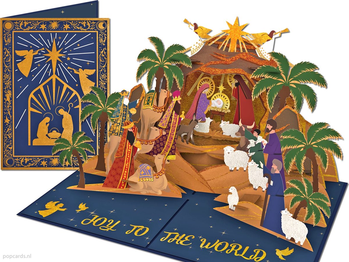 Popcards Pop-up Kaart - Betoverende Kerststal met Drie Koningen, Jozef, Maria en kindje Jezus  Pop-up Kerstkaart (3D-kaart, Bethlehem, Geboorte, Stal, Wierook, Mirre, Goud)