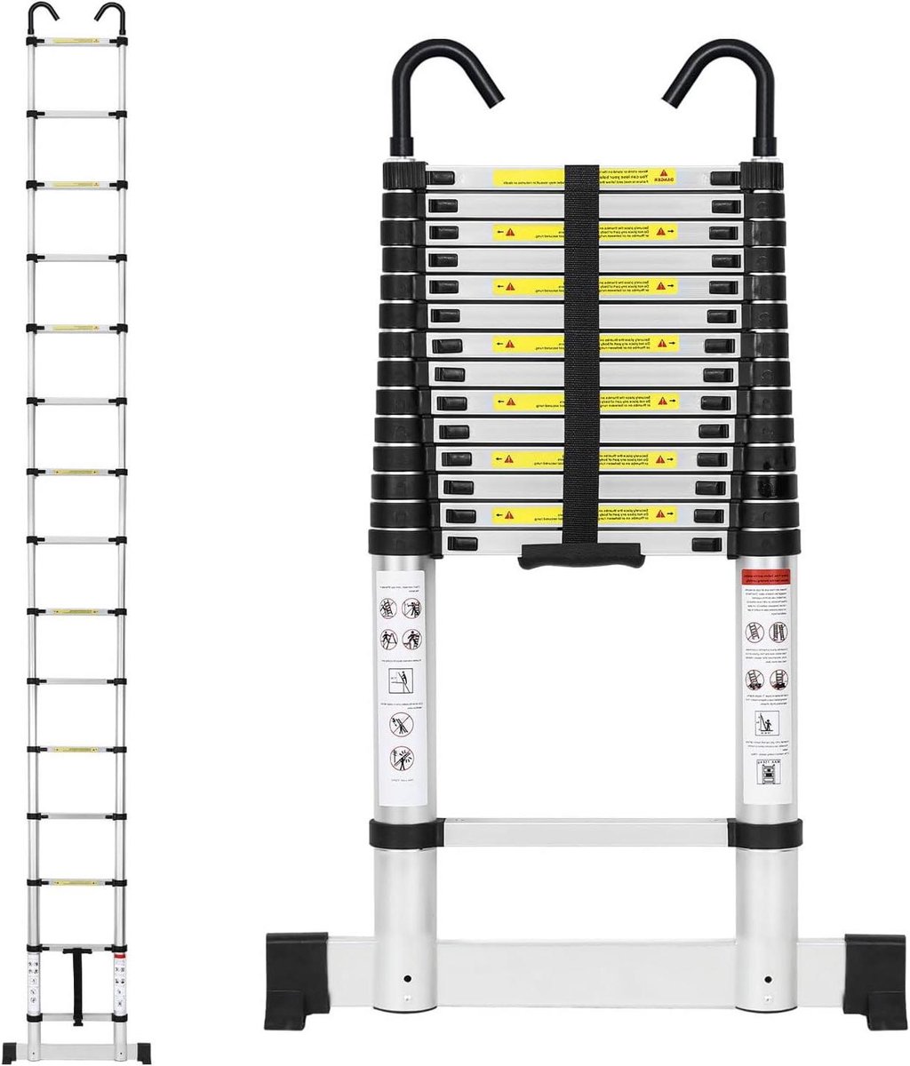 Telescopische Ladder - Uittrekbare Ladder - Werkzaamheden Buiten - Met Stabilisator - 44 Meter Hoog - Zilver