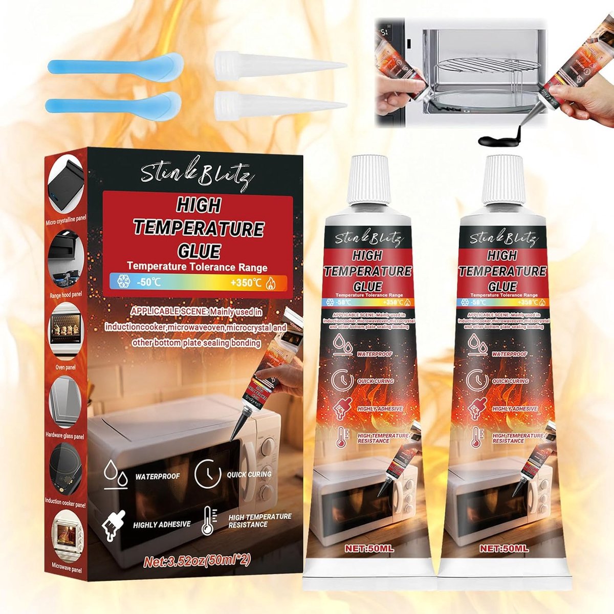 SnelShoppen - High Temperature Glue - Zwarte Siliconen Lijm voor Oven, Magnetron, Inductiekookplaat en Haarden, 50ml, 2 Stuks, Veilig en Milieu-vriend
