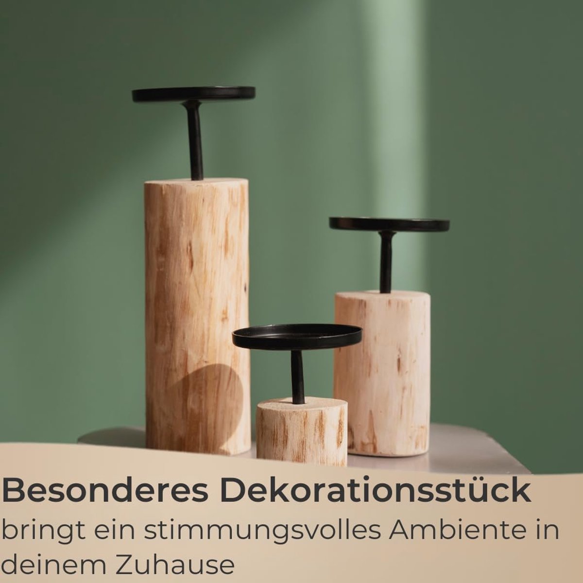 3-delige kandelaarset van eucalyptushout en metaal voor stompkaarsen - stijlvolle tafeldecoratie — cadeau in Wonen & Interieur - foto 3
