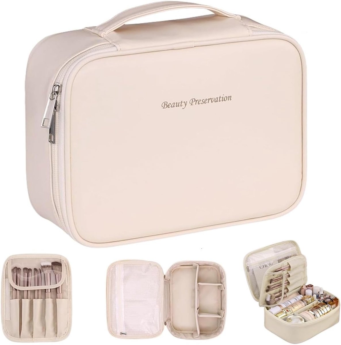 Women's Cosmetic Bag, Large Toiletry Bag for Women with Makeup Brush Compartment, Waterproof Travel Makeup Bag, beige - ShopVlot