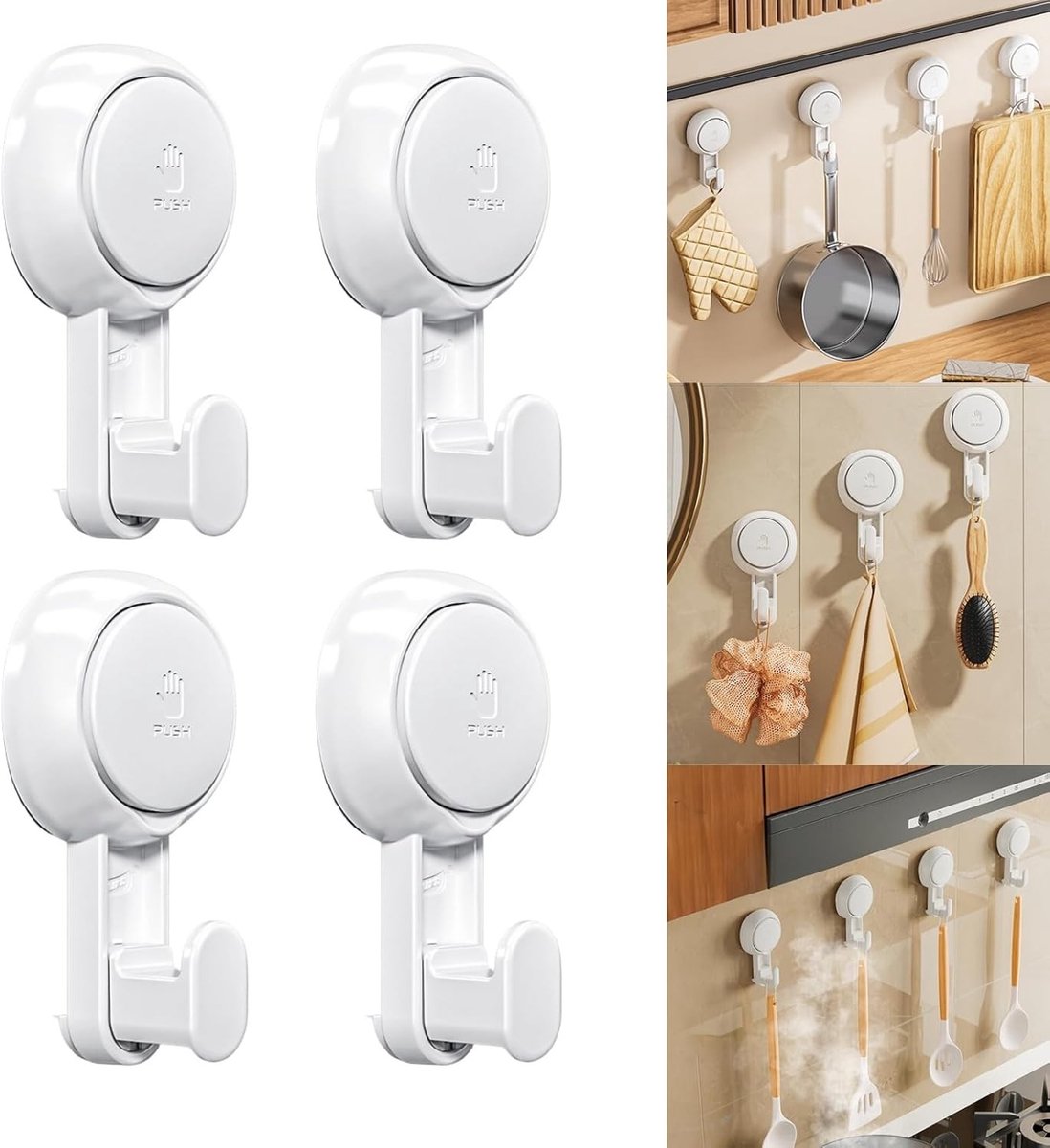 Multifunctionele Zuignap Haken, Sterke Handdoekhouders, Waterdicht en Herbruikbaar, Ideaal voor Badkamer en Keuken, Set van 4 Haken voor Organisatie en Ruimtebesparing