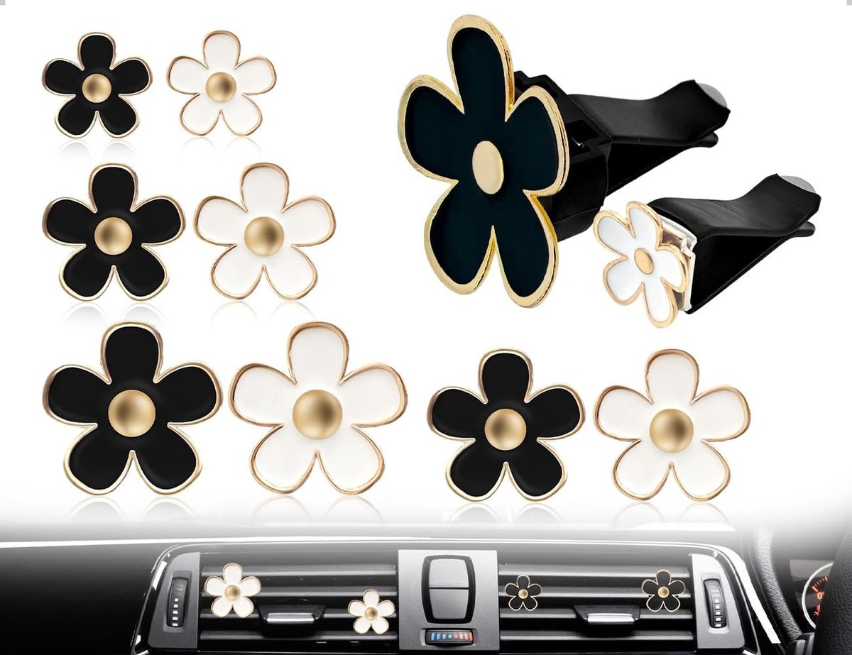 Auto-luchtverfrisser set met madeliefje - Interieuraccessoires voor dames, metalen decoratie voor auto, kantoor en woonkamer (zwart en wit) - Frisse geur, stijlvolle uitstraling, multifunctioneel gebruik