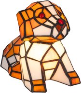 Zittende hondlamp van glas-in-lood, met oranje en witte panelen en rode oogjes.