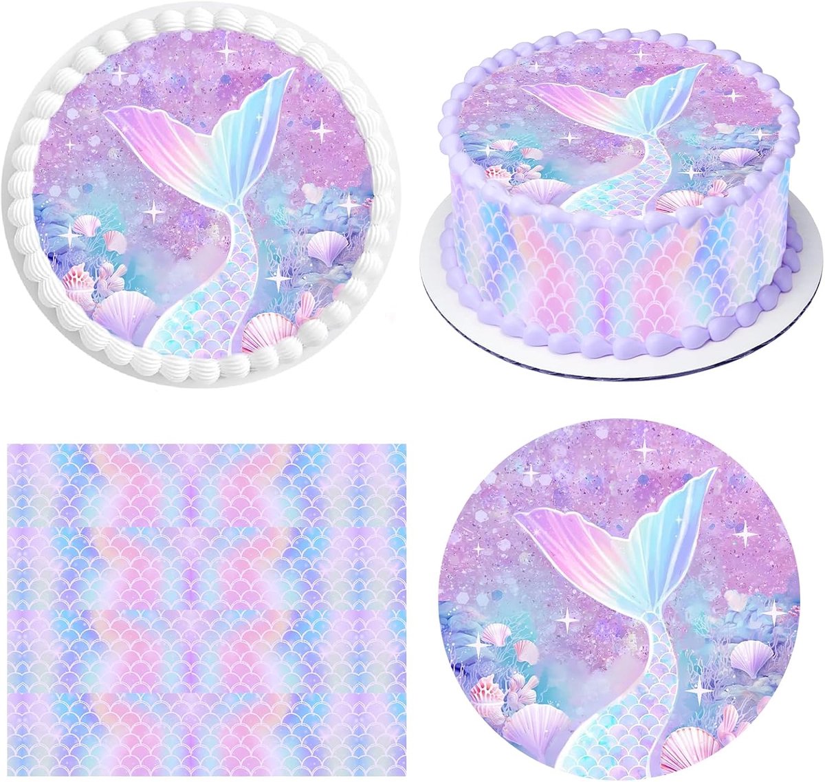 Eetbare taartdecoratie Ø 20 cm + 4 stuks eetbaar taartlint 24 cm x 5 cm, zeemeermin taartdecoratie, taartafbeelding met oceaanthema voor feestjes