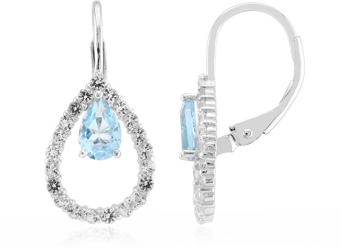 Cavill - Luxe Zilveren Oorbellen - 925 Sterling Zilver Gerhodineerd - Hemelblauwe Peervormige Topaas 0,889 ct - Witte Topaas - 22 mm
