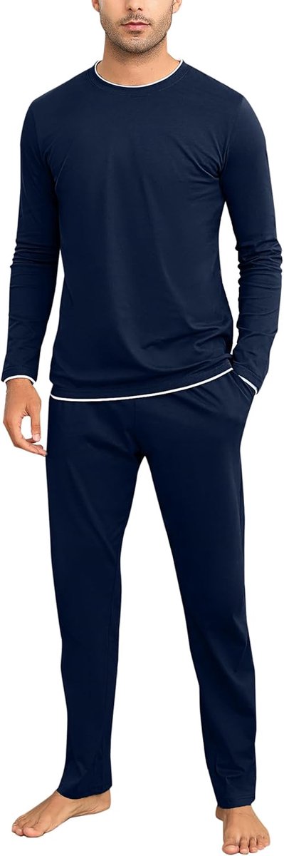 Lange herenpyjama, katoen, winterpyjama, tweedelige pyjama met lange mouwen en pyjamabroek voor heren