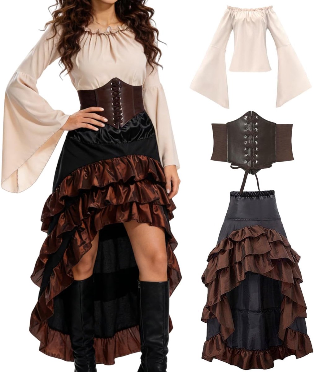 piratenkostuumset, middeleeuwse jurk voor dames, met piratenkorset, bovenstuk, rok, carnavalskostuum voor Halloween, carnaval, cosplay