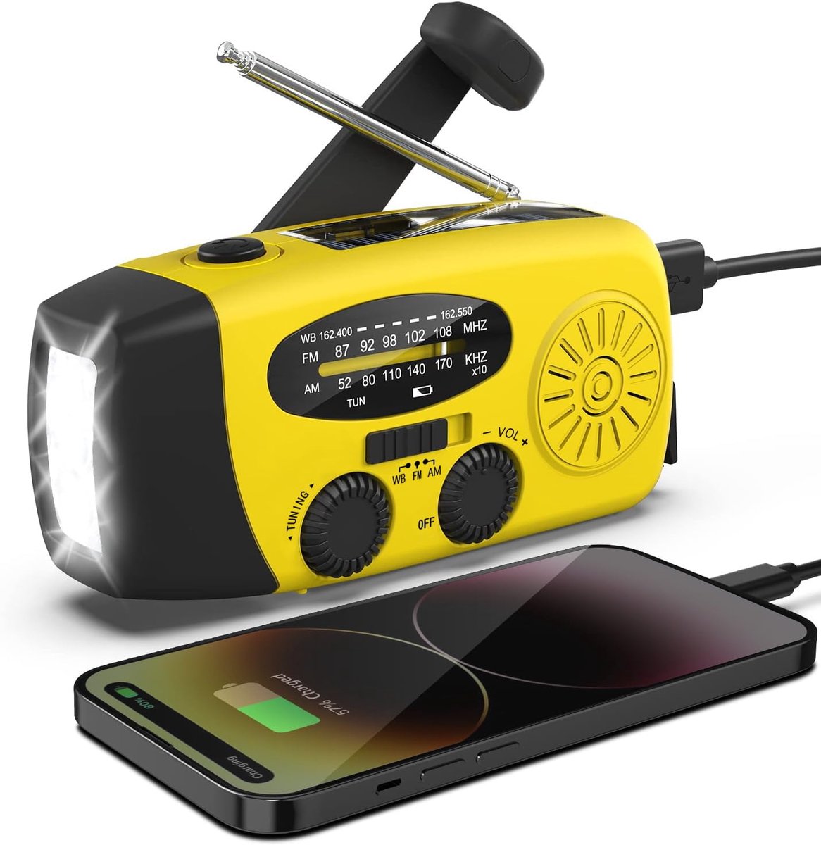 Noodradio op zonne-energie, zwengelradio met USB-oplaadfunctie voor mobiele telefoon, NOAA huis en camping, weerradio met AM/FM, dynamo zaklamp, zwengelradio, SOS-alarm, draagbare en oplaadbare