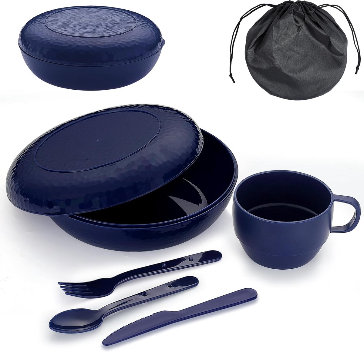 Camping Mess Kit met kom, bord, beker, lepel, vork, mes en draagtas, Herbruikbaar kampeeraccessoires Essentials Gear Lichtgewicht en kleine ruimte Gemakkelijk mee te nemen of in rugzak