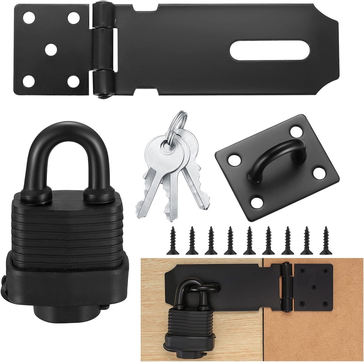 Hasp Kit, Draaiknopslot Hasp met Hangslot & Schroeven, Slotapparaat Beveiliging Hasp voor Slaapkamer, Tuin, Schuur, Garage, Kastdeur (Zwart)