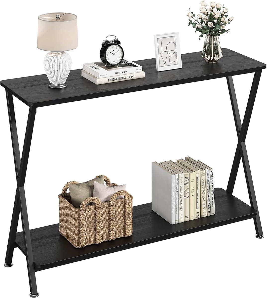 Industriële smalle consoletafel voor entree en achter de bank – slanke banktafel met 2 opbergplanken, metalen frame accenttafel voor de gang