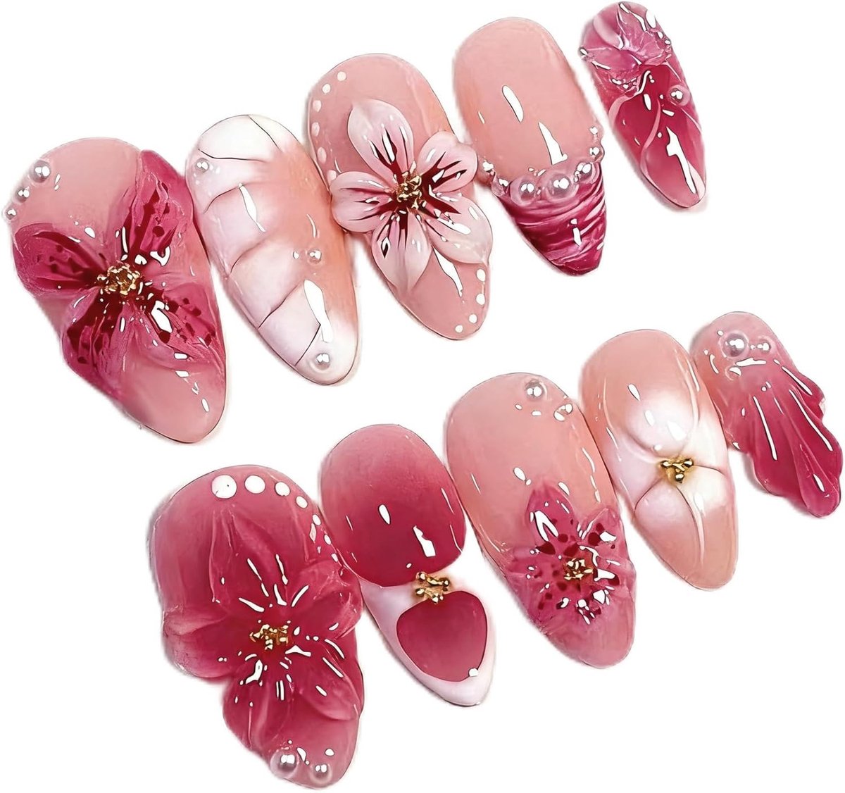 On Nails Almond, 24 stuks kunstnagels, plaknagels French, handgemaakte 3D lente nagels roze bloemen