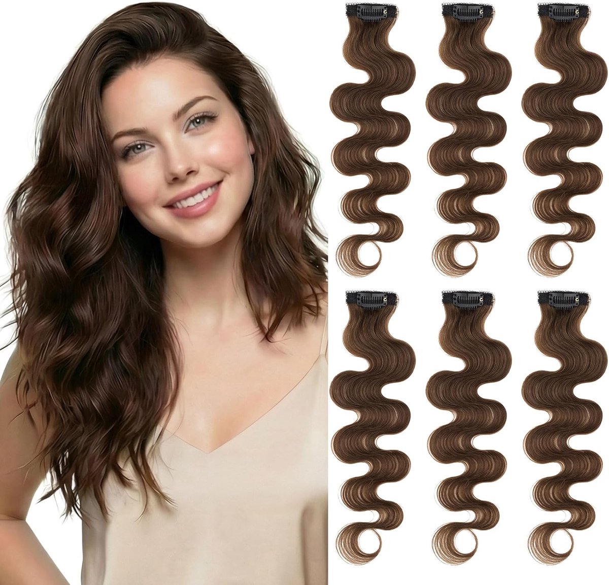 Clip-in Extensions Echt Haar Body Wave 6 Stuks Lace Basis, Flexibel Clip In Hair Extensions Onzichtbaar voor Volume & Highlights 25cm #04 Chocoladebruin 31g