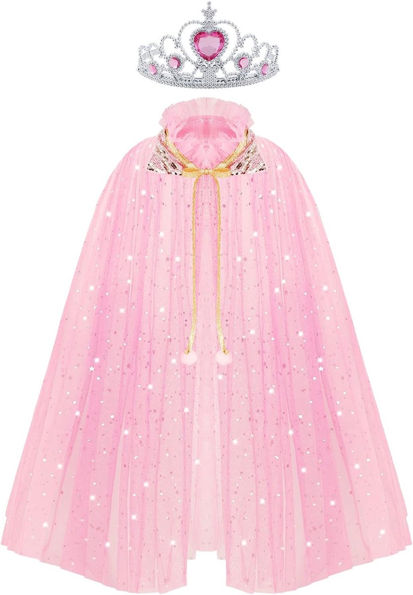 Prinses Mantel Cape voor Meisjes, Kleurrijke Prinses Mantel Prinses Elsa Fancy Dress Up met Kroon, Sprankelende Pailletten Tule Prinses Cape Set voor Halloween Verjaardagsfeestje Cosplay Prinses Aankleden