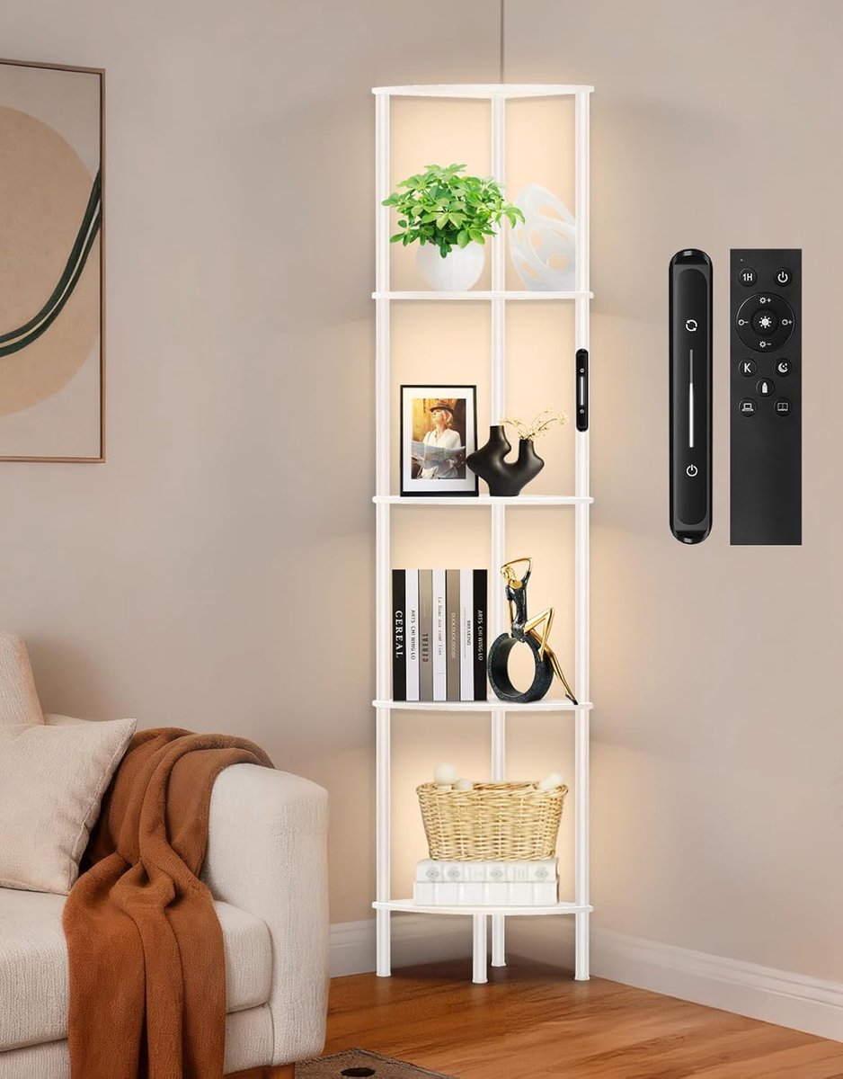 LED Floor Lamp with Shelf, 3 Color Temperatures, Dimmable with Touch & Remote Control, 5 Layers Corner Rack and - ShopVlot