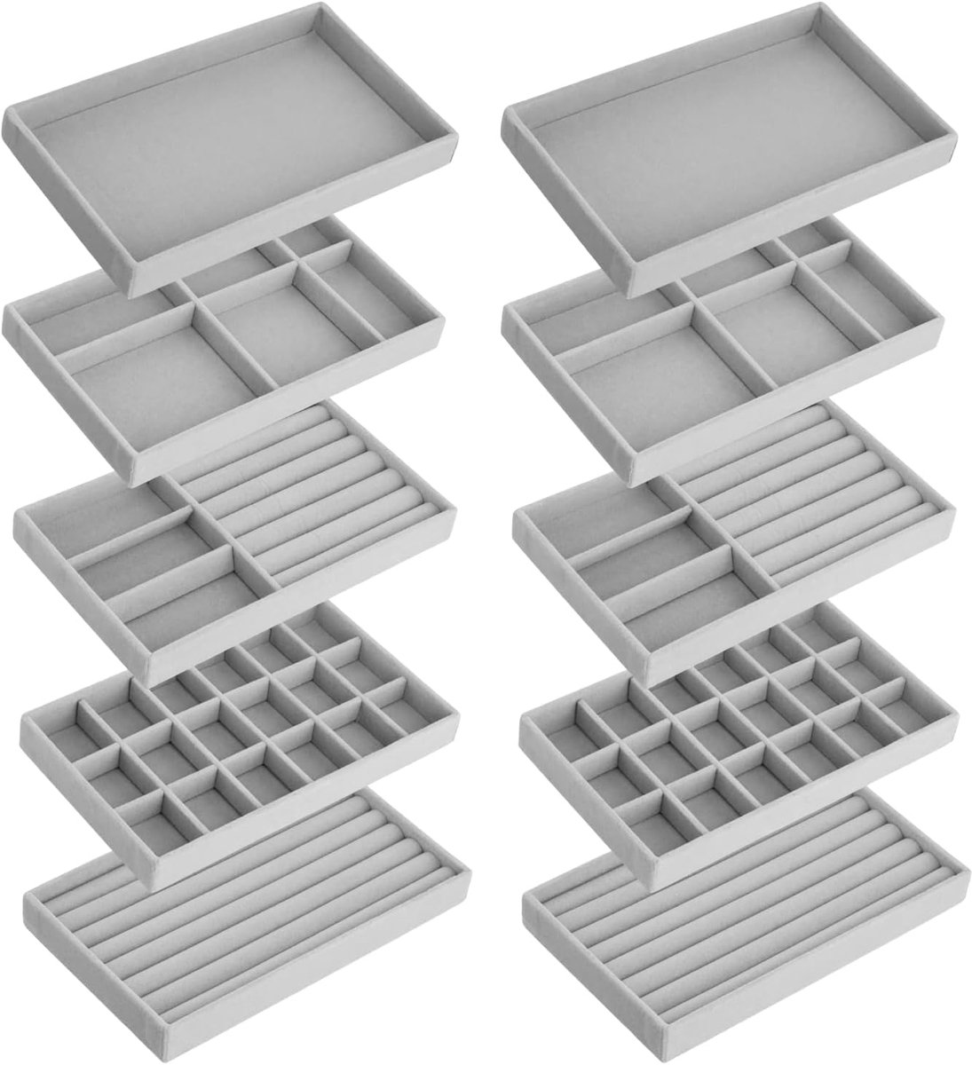 SnelShoppen - 10 stuks stapelbare sieradendienblad-organizer van fluweel, 21 x 12 x 2,5 cm, lade-inzetstuk voor halskettingen, armbanden, ringen en oo