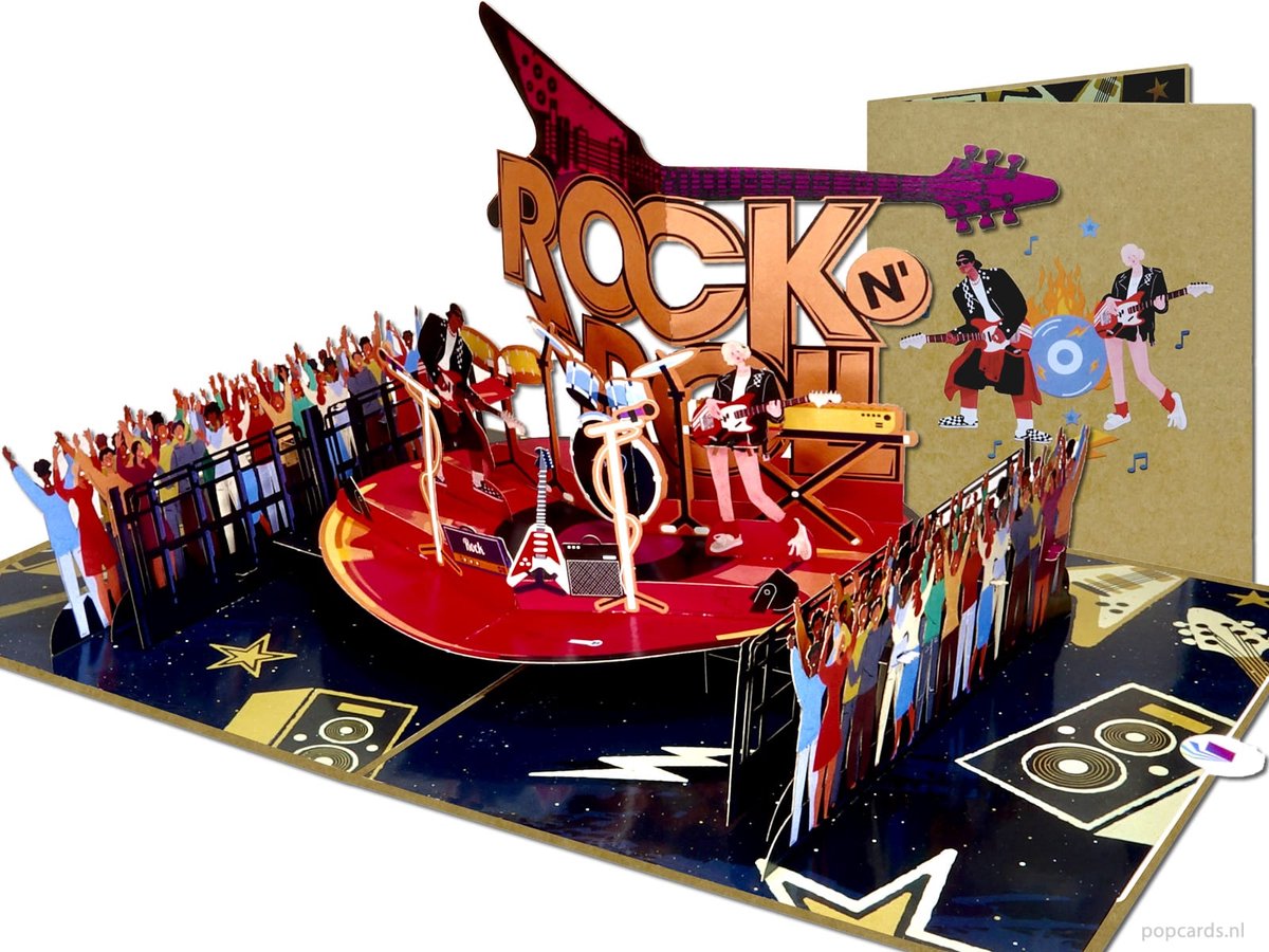 Popcards pop-up kaart - Rock \'n\' Roll Live Band concert met juichend publiek – Luxe 3D Kaart Wenskaart  (live muziek, optreden, artiest, gitaar, drums)