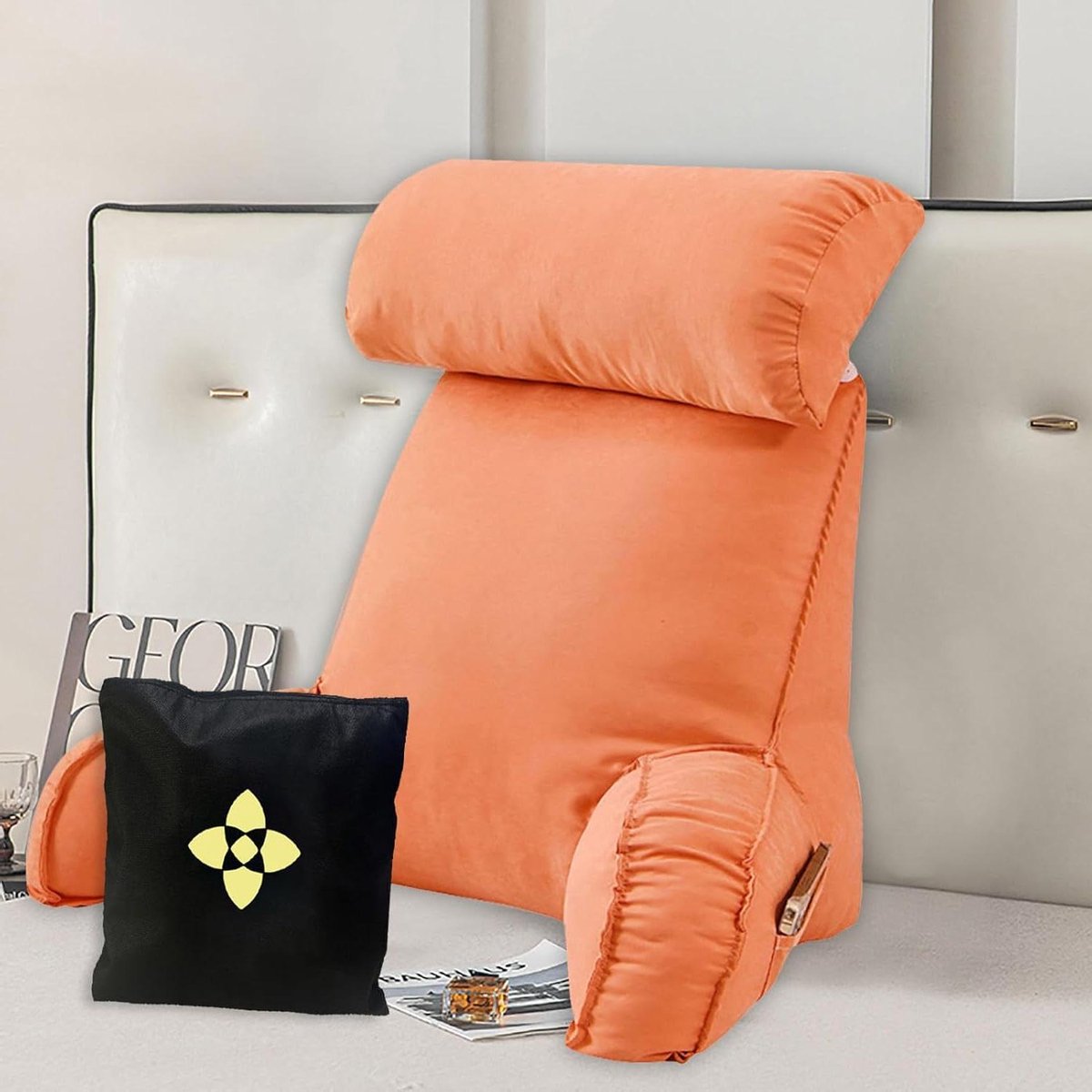 Leeskussen - Rugsteun - Ontspannen lezen - Afneembaar nekkussen - 75 cm x 40 cm - Zoete oranje