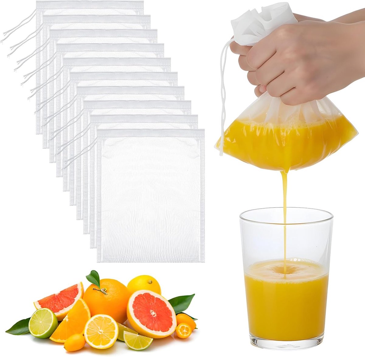 10-pack notenmelkzak, herbruikbare nylon perszak voor persen, 200 x 13 cm, wit, 200 fijnmazige zakken met trekkoord voor het persen van wijnzeef, vruchtensap, koffie, thee, yoghurt, kaas
