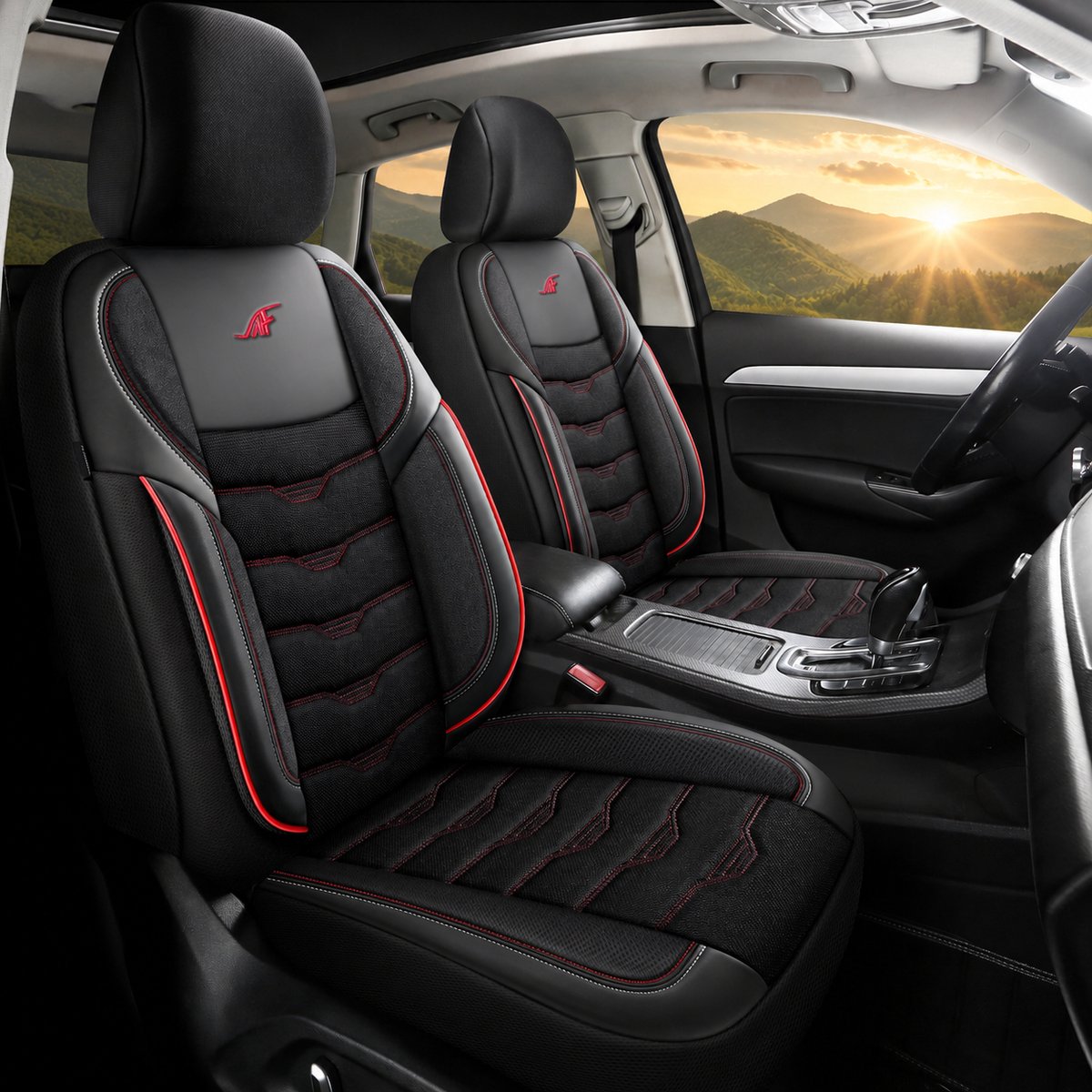 Autostoelhoezen voor Hyundai Nexo in pasvorm| Set van 2 stuks | Bestuurder + Passagiersstoel AID Serie | AID501 | Zwart met rode stiknaden