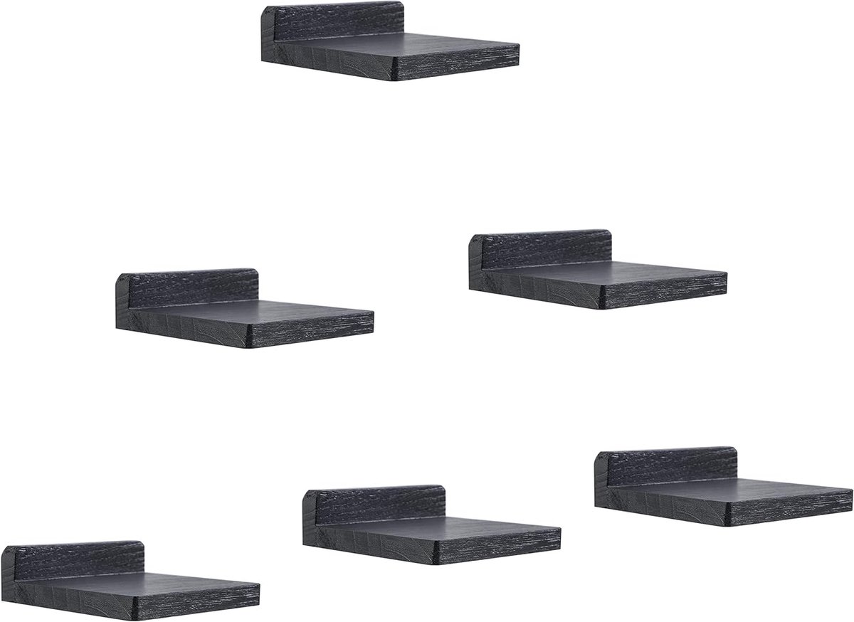 12,7 x 10 x 4 cm, Houten Vierkante Zwevende Planken, Compacte Stijl Mini-wandplank Voor Kleine Voorwerpen, Hangende Wandplank Decoratie Voor Slaapkamer, Woonkamer, Set van 6 (Zwart)