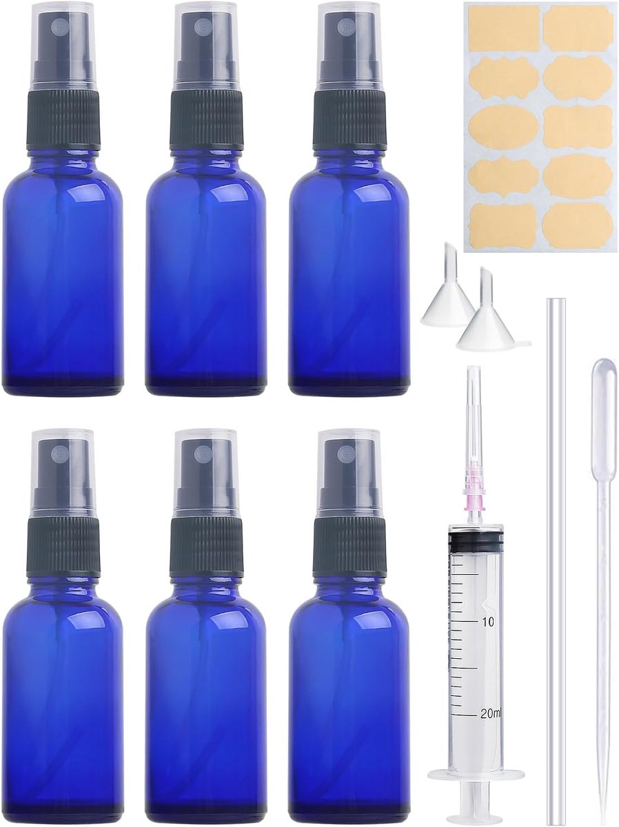 (6 Stuks) Spray Flessen,50ML,Lege Plastic Reizen,Blauw, Fijne Mist Fles,Draagbare,Cosmetische,Verstuiver,Spray Flessen,Glazen Spuitflessen voor Parfum,Oliën,Cosmetica