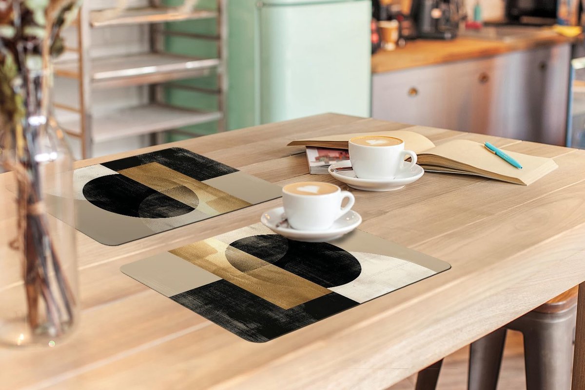 Placemats 6 stuks 45x30 cm Keuken Decoratie Placemats Afwasbaar Anti Slip Tafelmat Vinyl Onderlegger Eettafel - Abstract - Modern - Zwart - Goud