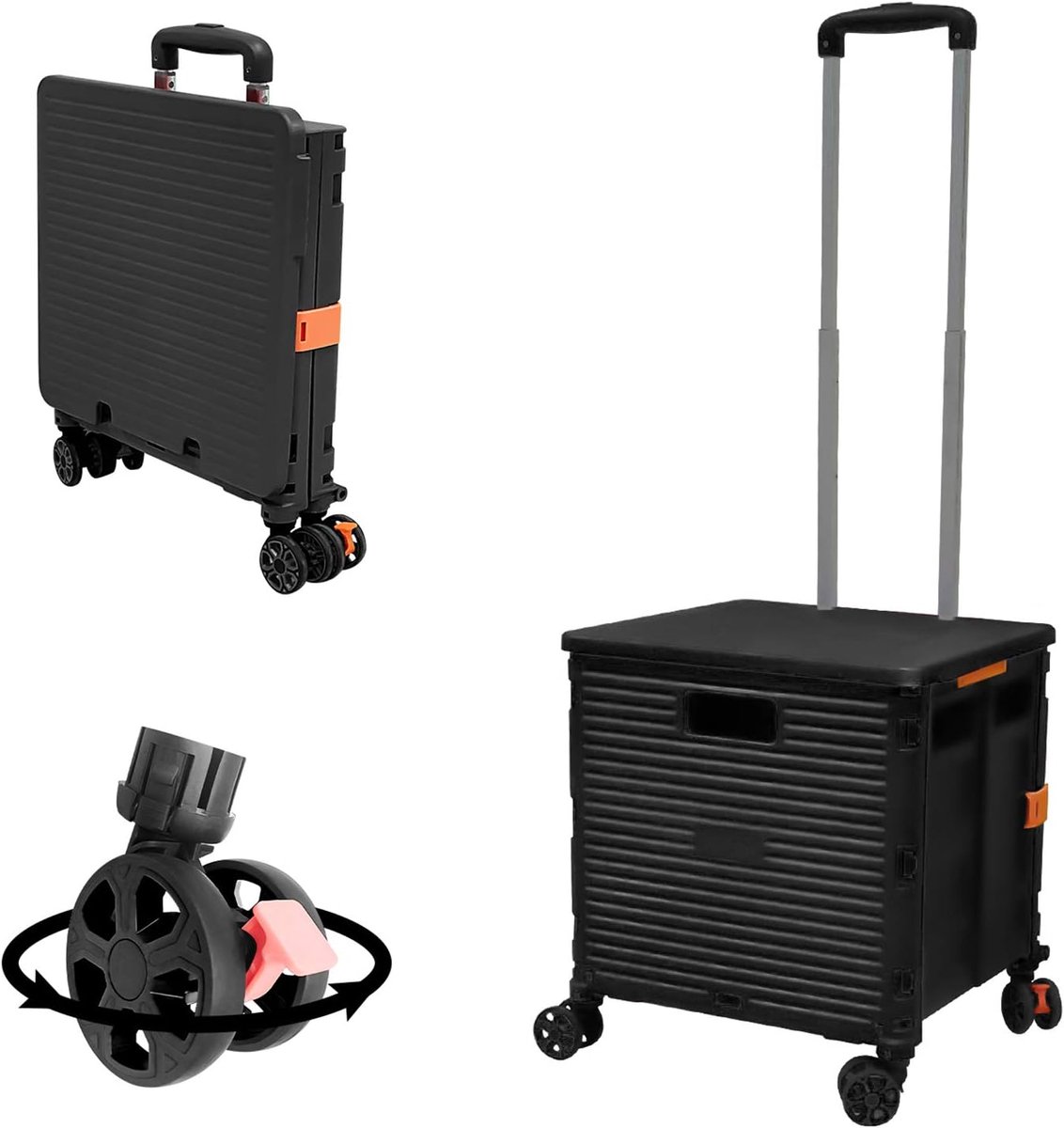 SnelShoppen - FELICON Opvouwbare Utility Cart - Draagbare Handkar met Duurzaam Heavy Duty Plastic - Telescopisch Handvat - 4 Draaibare Wielen voor Rei