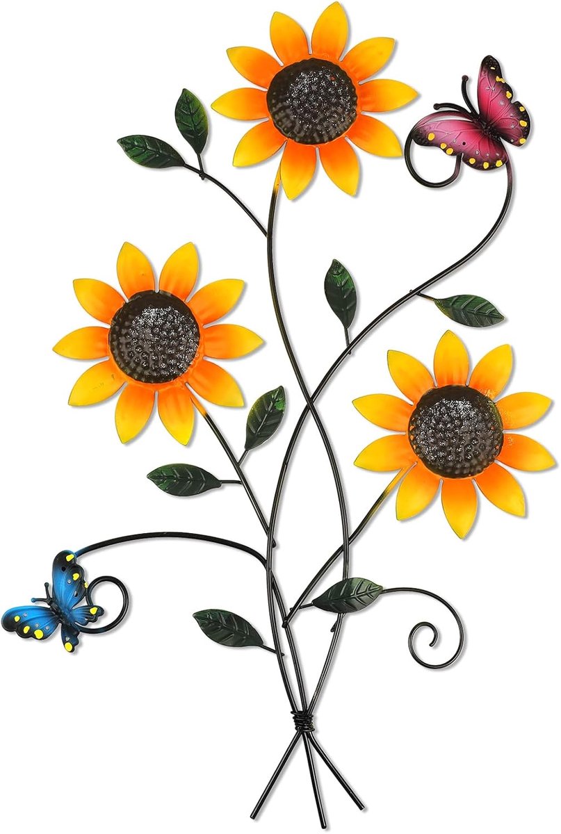 Metalen Zonnebloem Muurdecoratie met Vlinder 3D Kleurrijke Buiten Muurkunst Hekdecoratie voor Patio Metalen Bloemen Muurhangende Ornament voor Tuin, Veranda, Woonkamer, Balkon, Boerderij