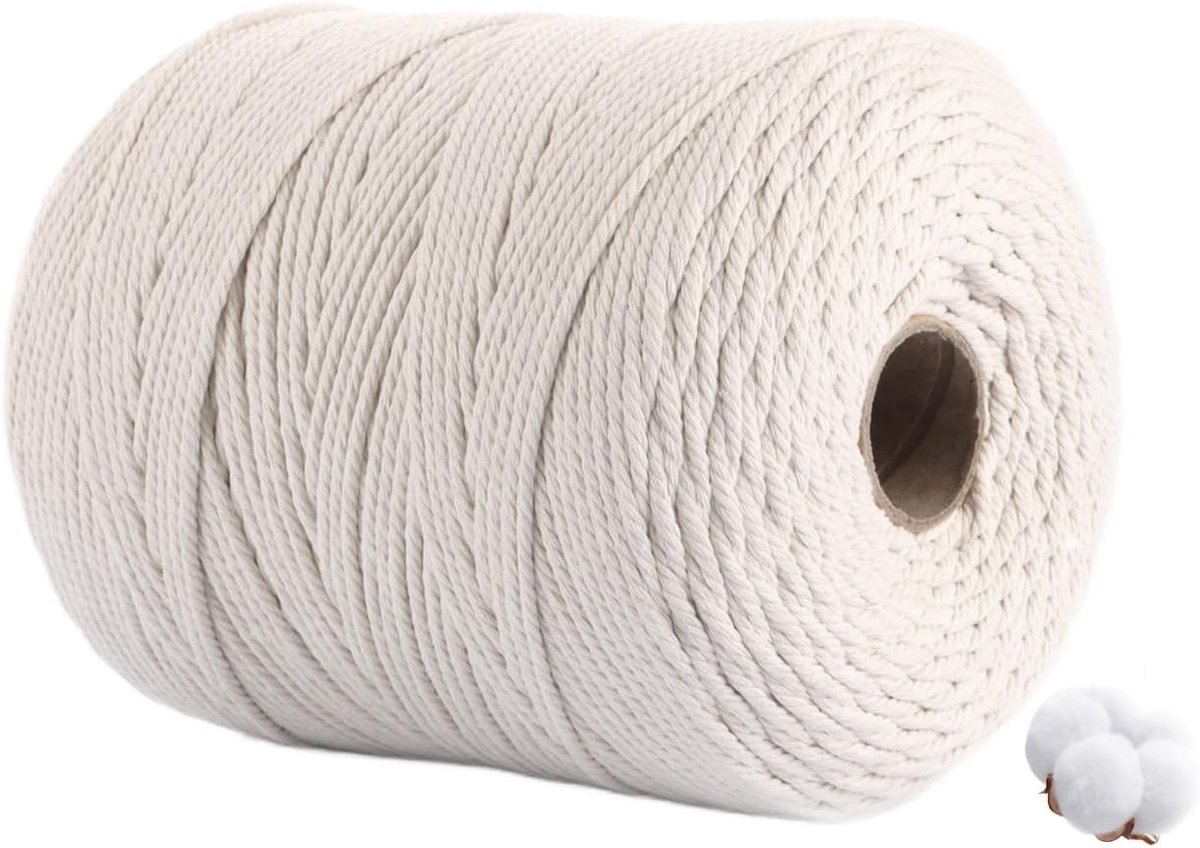 Macramégaren 3 mm x 500 m, beige katoenen touw voor doe-het-zelf handwerk, breien, ophangen planten